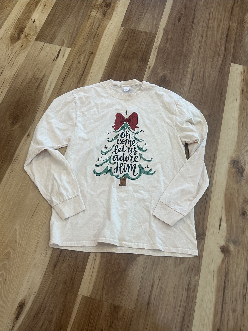 Kids Long-Sleeve Holiday Tree Tee - Cream with Red & Green Graphic